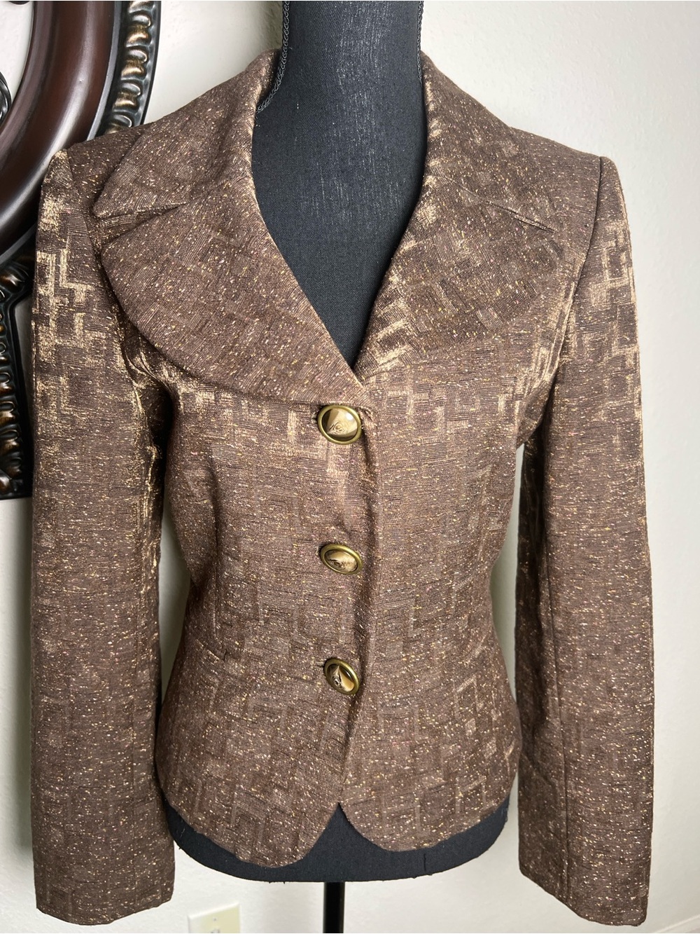 Antonio Melani Women’s Wool Silk Blend Brown Metallic Gold Jacquard Tweed Blazer